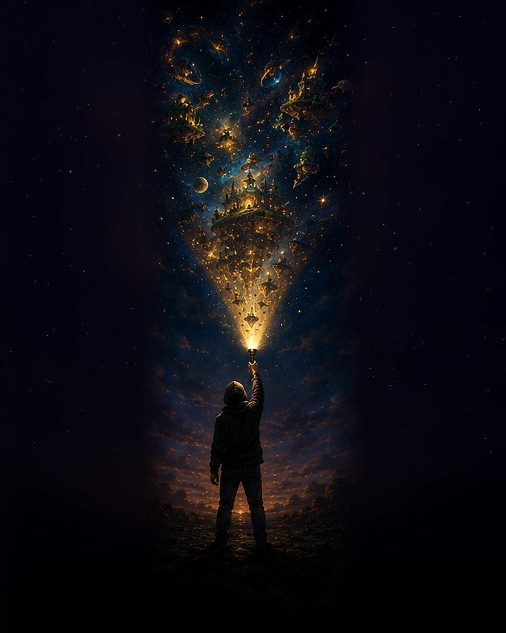 The founder of Invented Realms, raising his legendary flashlight to reveal a universe of tiny worlds